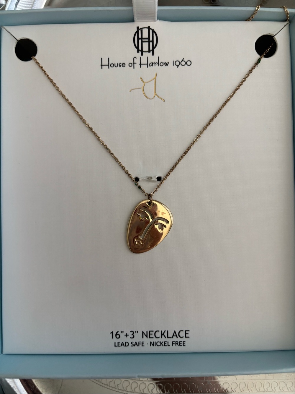 Abstract Face Pendant Necklace Gold Tone 18” + Extender Minimalist